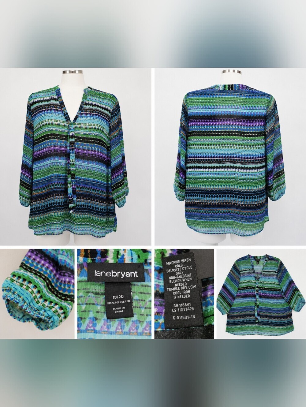 Lane Bryant Womens Blouse Size 18/20 Blue Green Geometric Print 3/4 Sleeve.